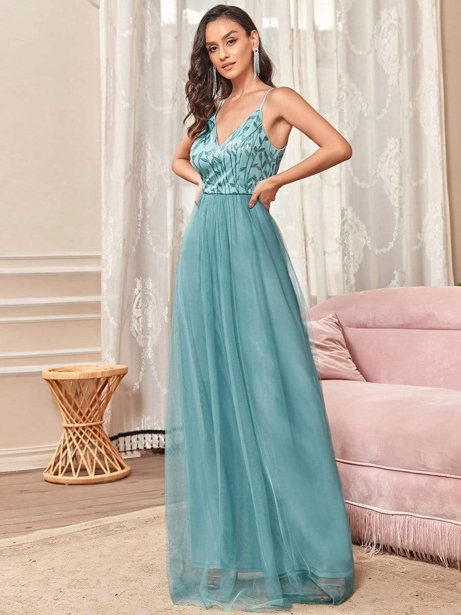 V Neck Spaghetti Strap Embroidered Floor Length Tulle Evening Dress(Final Sale) - Image 27