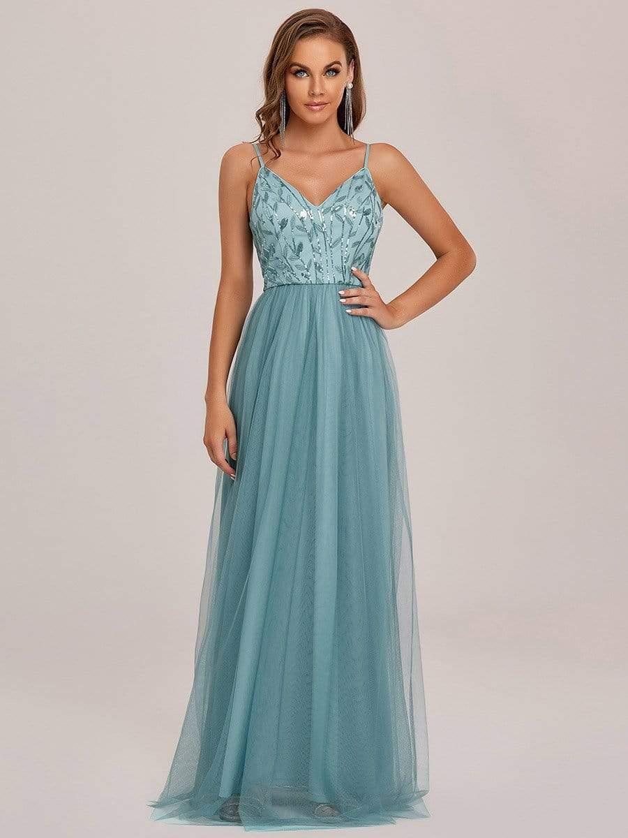 V Neck Spaghetti Strap Embroidered Floor Length Tulle Evening Dress(Final Sale) - Image 30