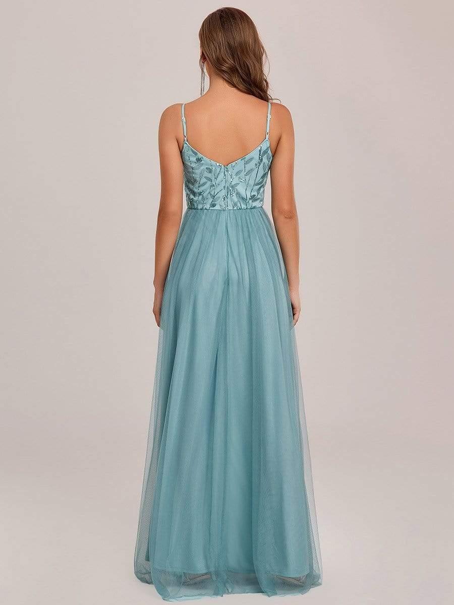 V Neck Spaghetti Strap Embroidered Floor Length Tulle Evening Dress(Final Sale) - Image 31