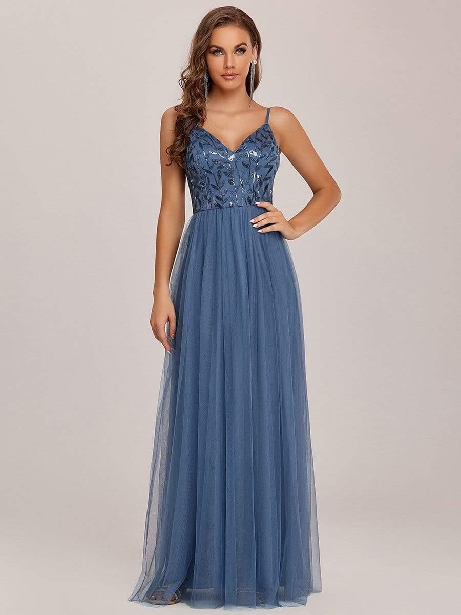V Neck Spaghetti Strap Embroidered Floor Length Tulle Evening Dress(Final Sale) - Image 5