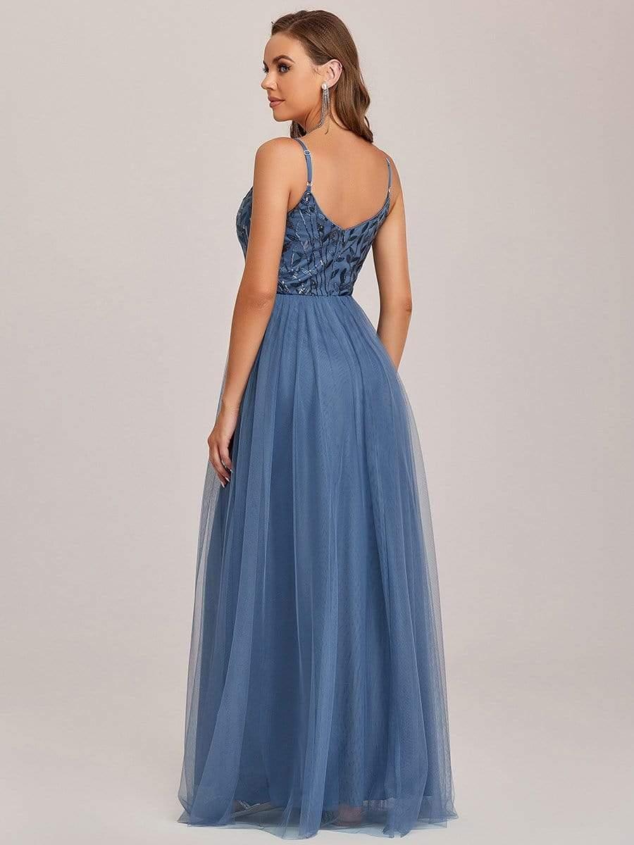 V Neck Spaghetti Strap Embroidered Floor Length Tulle Evening Dress(Final Sale) - Image 6