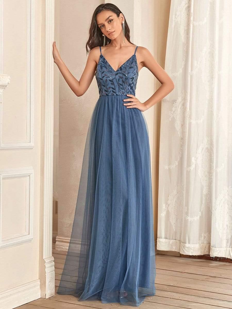 V Neck Spaghetti Strap Embroidered Maxi Tulle Wedding Guest Dress(Final Sale) - Image 10