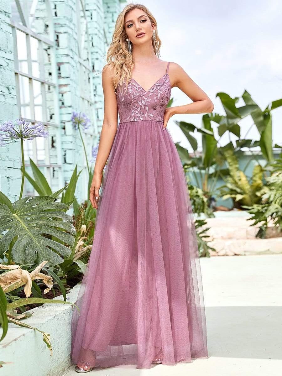 V Neck Spaghetti Strap Embroidered Maxi Tulle Wedding Guest Dress(Final Sale) - Image 14