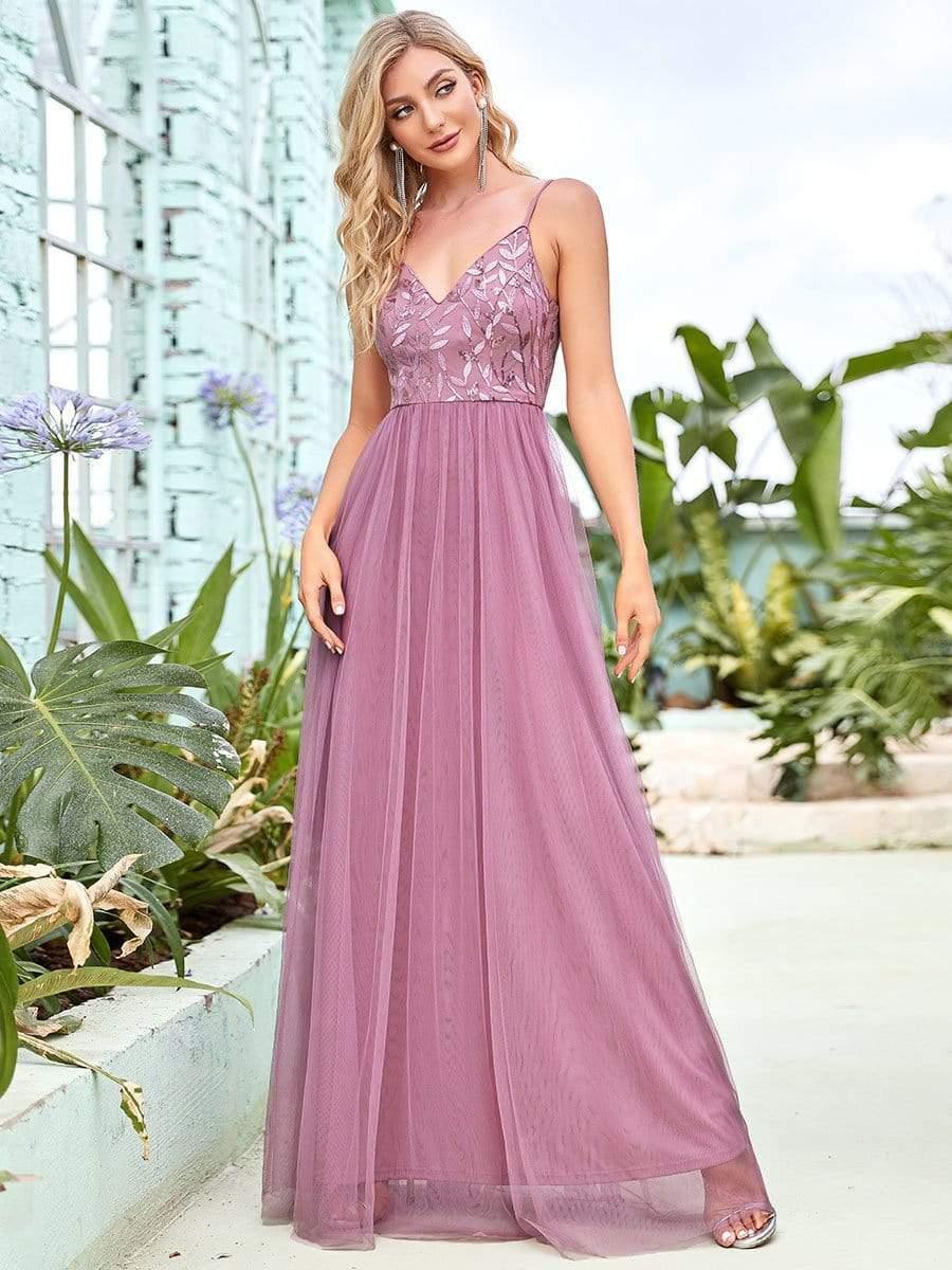V Neck Spaghetti Strap Embroidered Maxi Tulle Wedding Guest Dress(Final Sale) - Image 17