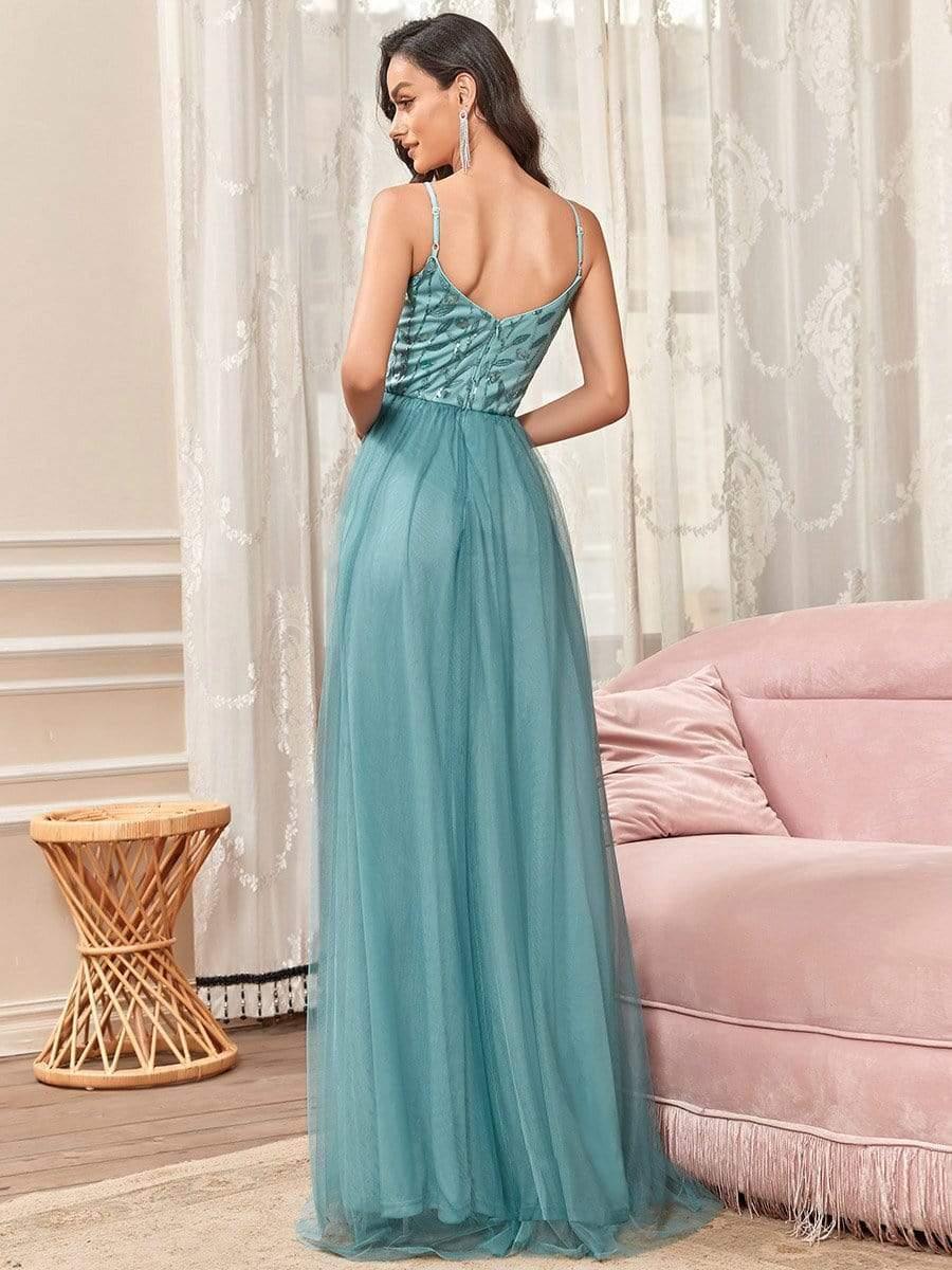 V Neck Spaghetti Strap Embroidered Maxi Tulle Wedding Guest Dress(Final Sale) - Image 22