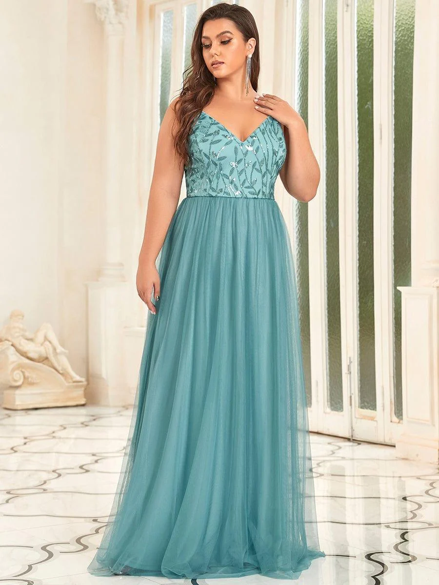V Neck Spaghetti Strap Embroidered Maxi Tulle Wedding Guest Dress(Final Sale) - Image 24
