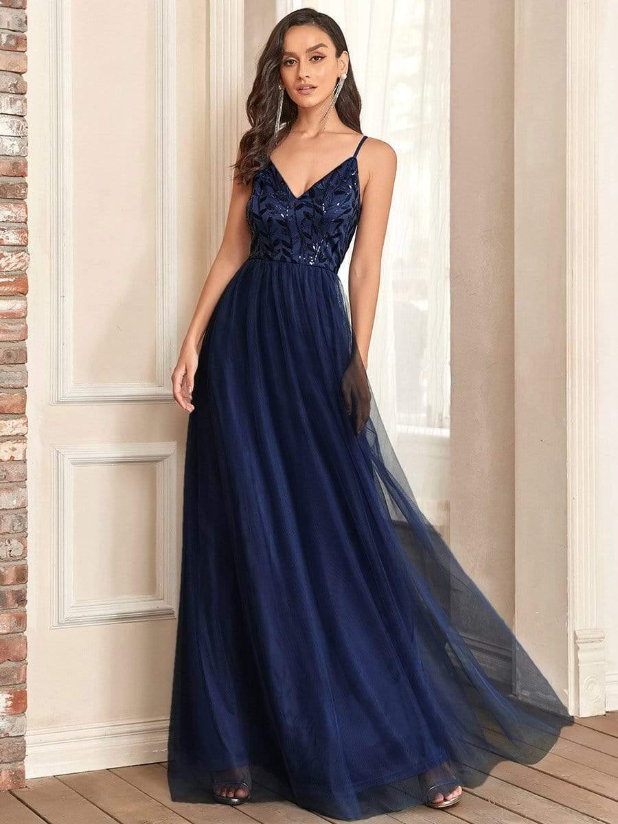 V Neck Spaghetti Strap Embroidered Maxi Tulle Wedding Guest Dress(Final Sale) - Image 3