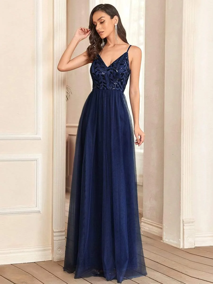 V Neck Spaghetti Strap Embroidered Maxi Tulle Wedding Guest Dress(Final Sale) - Image 5