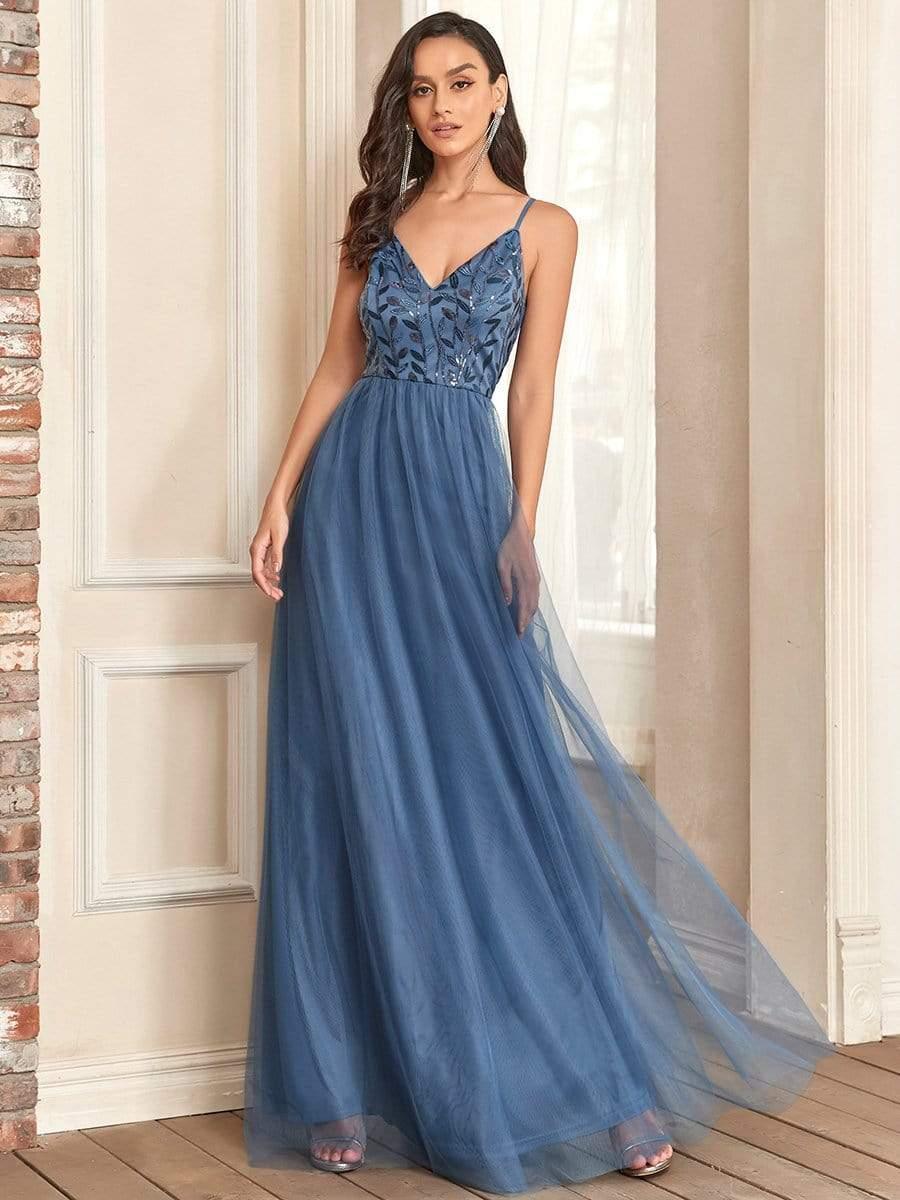 V Neck Spaghetti Strap Embroidered Maxi Tulle Wedding Guest Dress(Final Sale) - Image 8