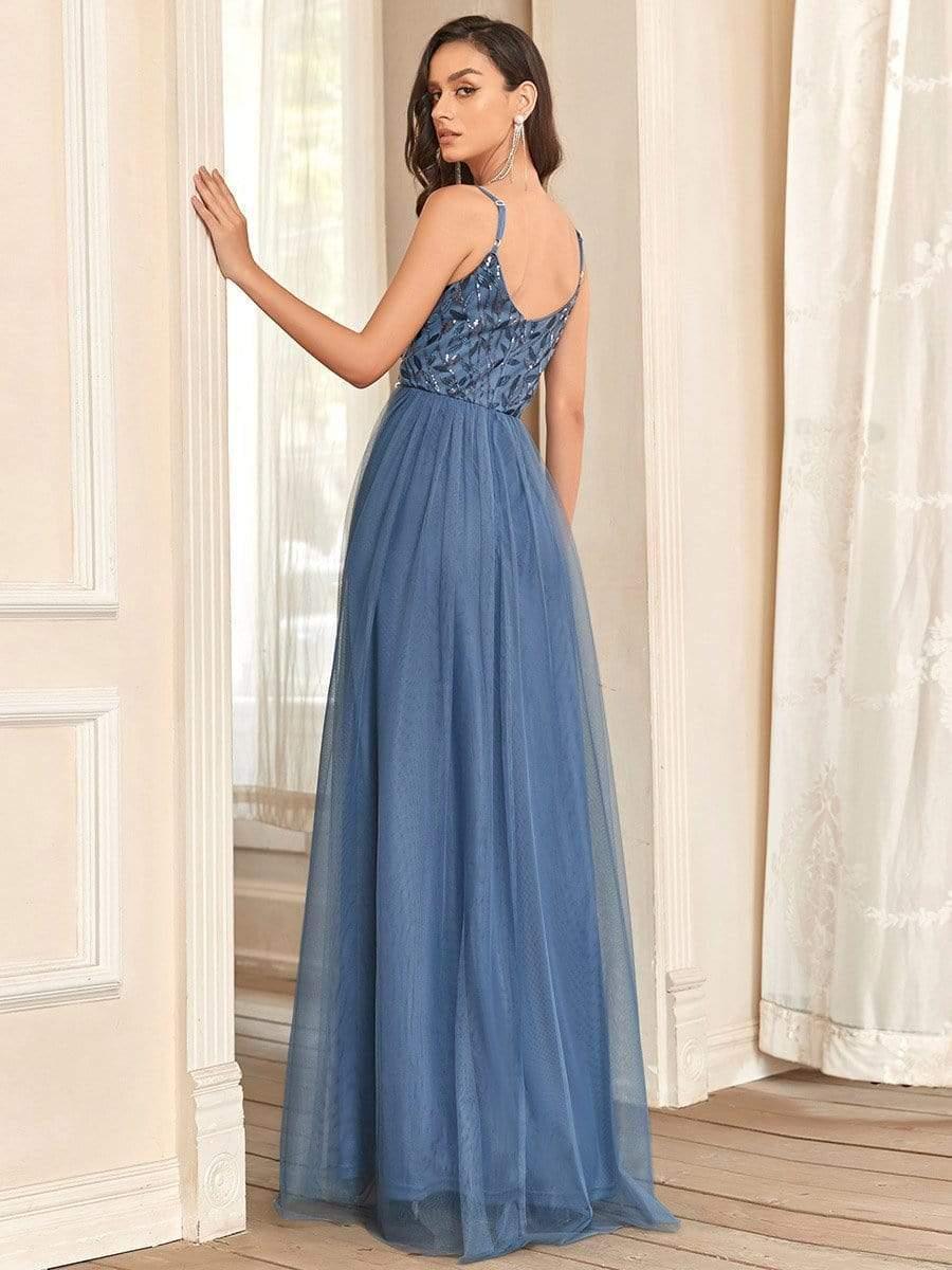 V Neck Spaghetti Strap Embroidered Maxi Tulle Wedding Guest Dress(Final Sale) - Image 9
