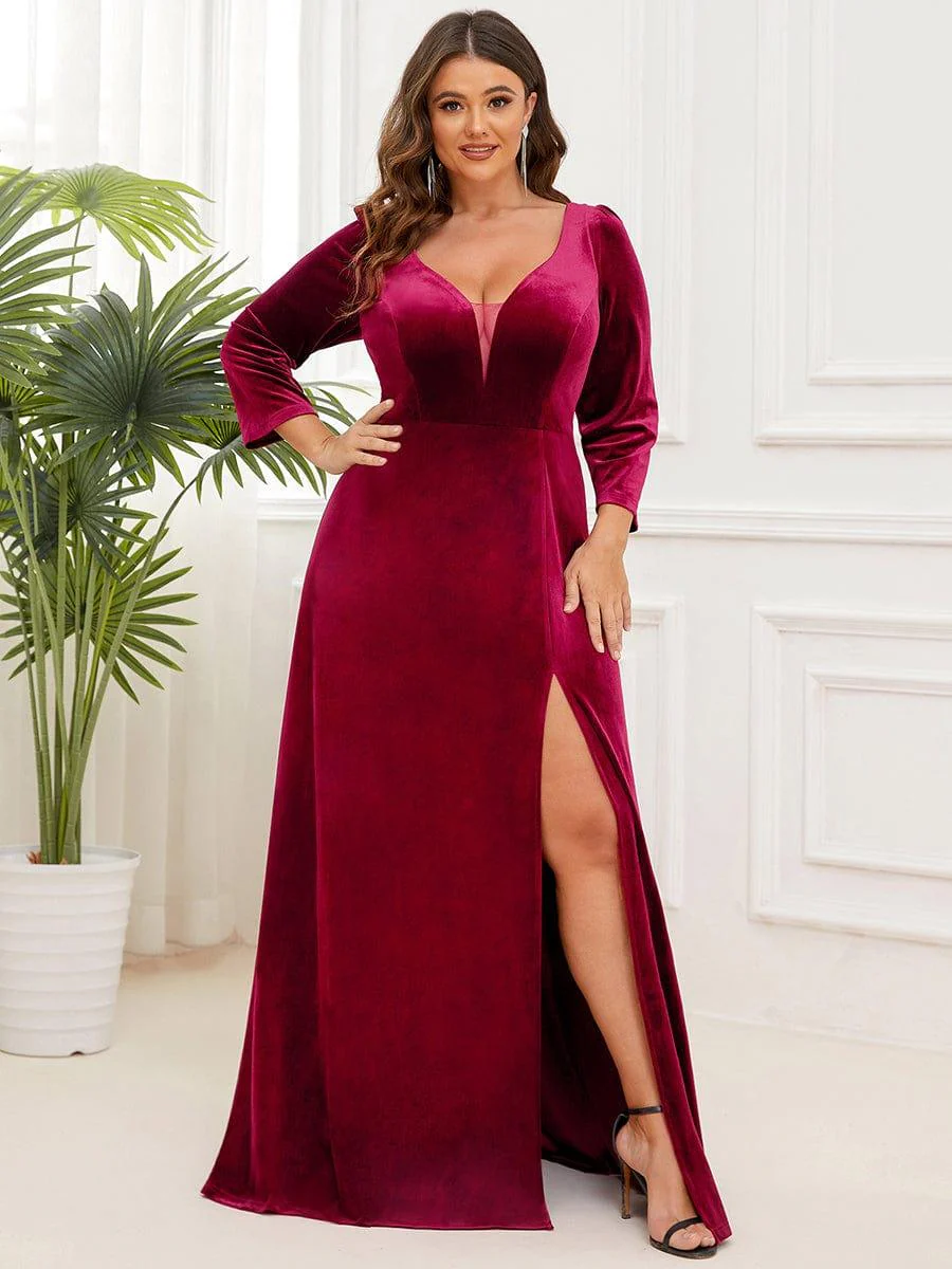 Velvet Plunging V-Neck Front Slit 3/4 Sleeve A-Line Evening Dress(Final Sale) - Image 10