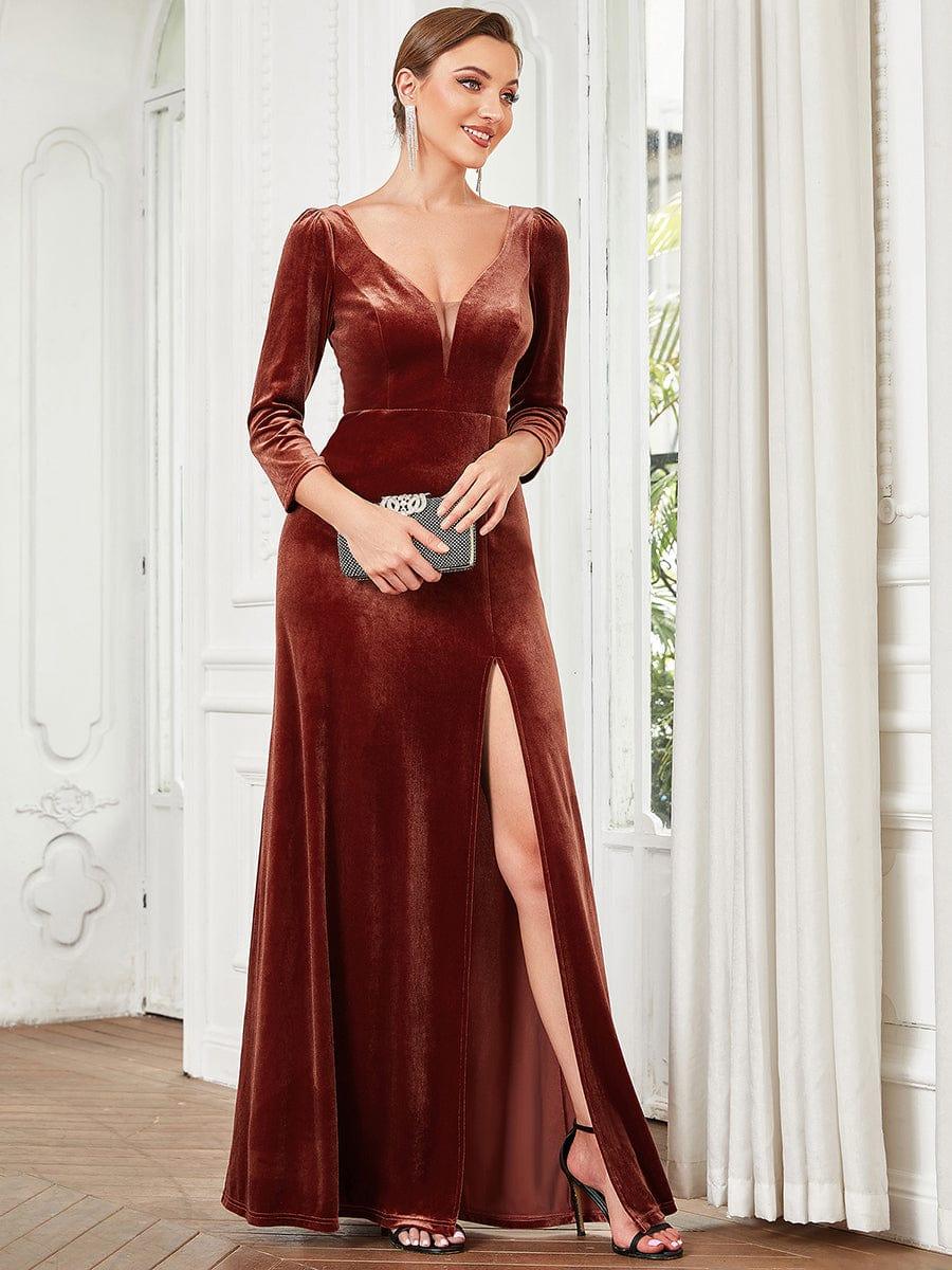 Velvet Plunging V-Neck Front Slit 3/4 Sleeve A-Line Evening Dress(Final Sale) - Image 14