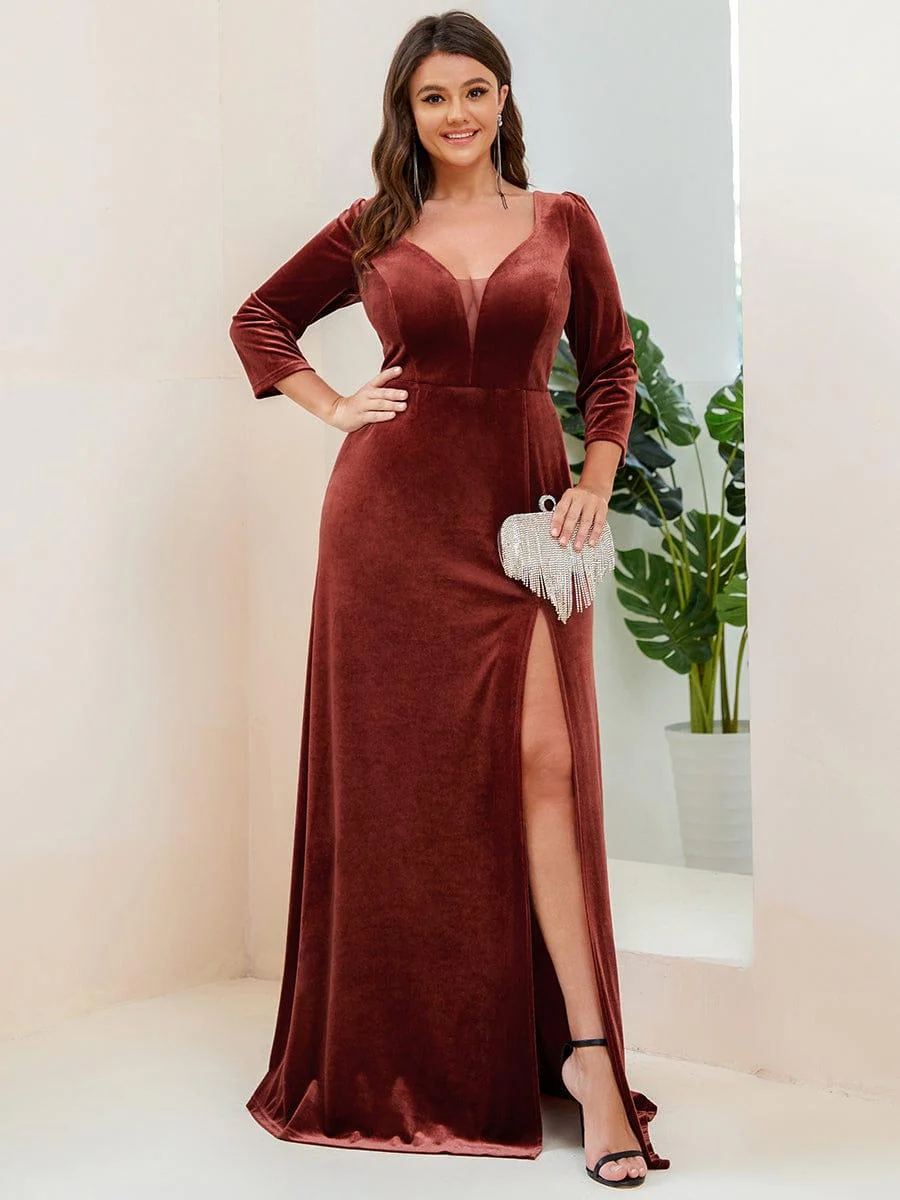 Velvet Plunging V-Neck Front Slit 3/4 Sleeve A-Line Evening Dress(Final Sale) - Image 16