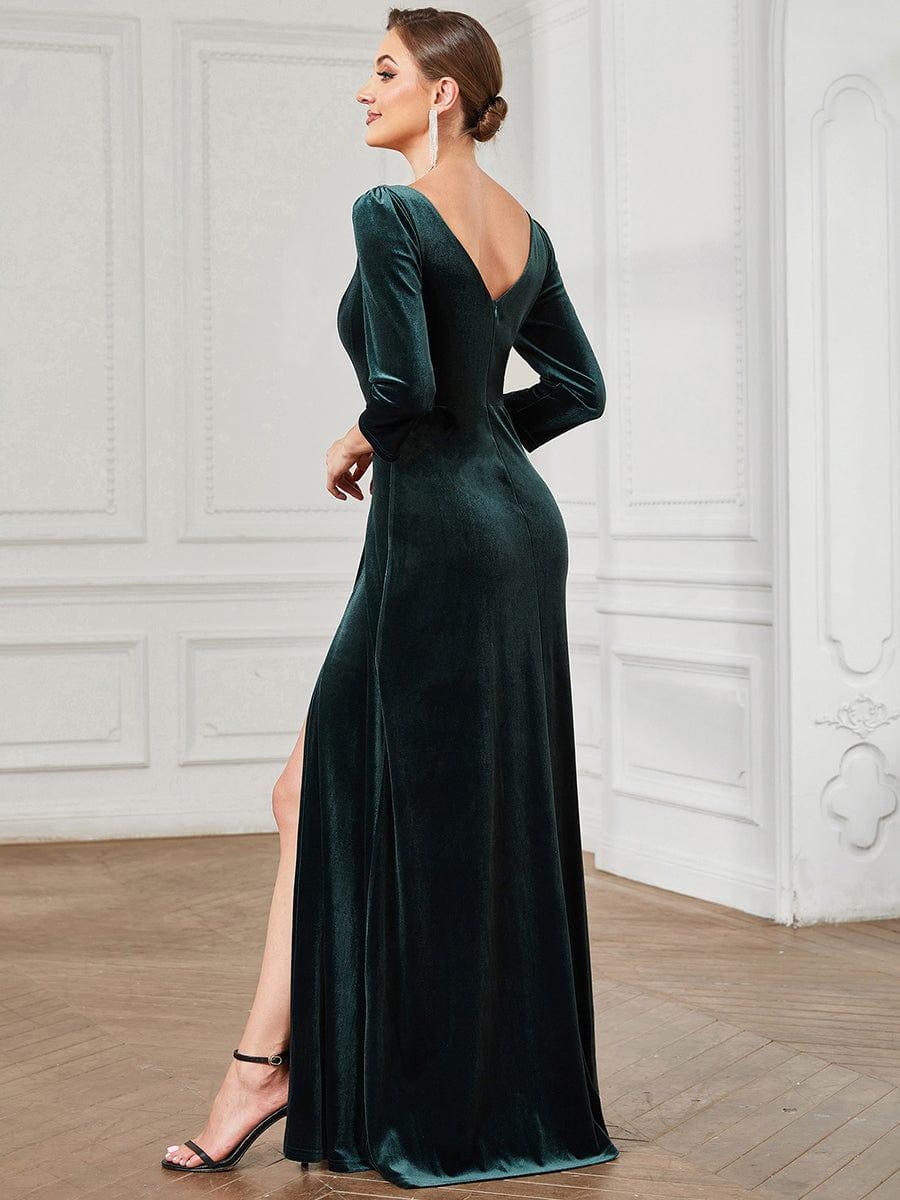 Velvet Plunging V-Neck Front Slit 3/4 Sleeve A-Line Evening Dress(Final Sale) - Image 20