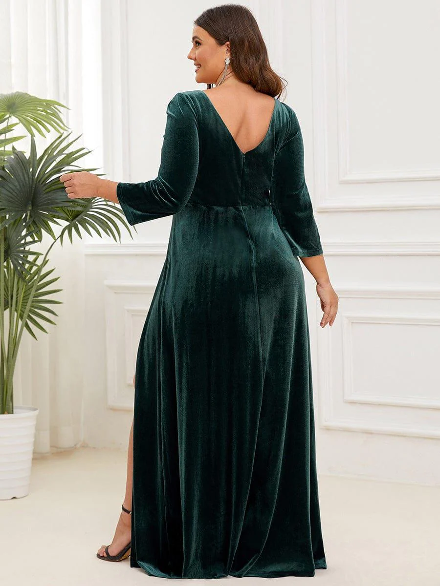 Velvet Plunging V-Neck Front Slit 3/4 Sleeve A-Line Evening Dress(Final Sale) - Image 25