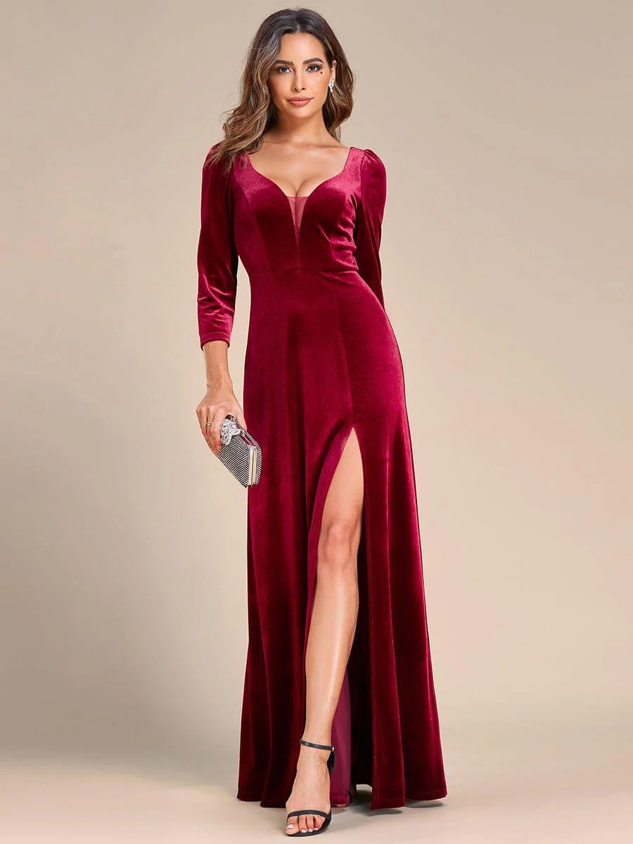 Velvet Plunging V-Neck Front Slit 3/4 Sleeve A-Line Evening Dress(Final Sale) - Image 4