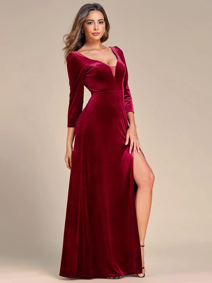 Velvet Plunging V-Neck Front Slit 3/4 Sleeve A-Line Evening Dress(Final Sale) - Image 5