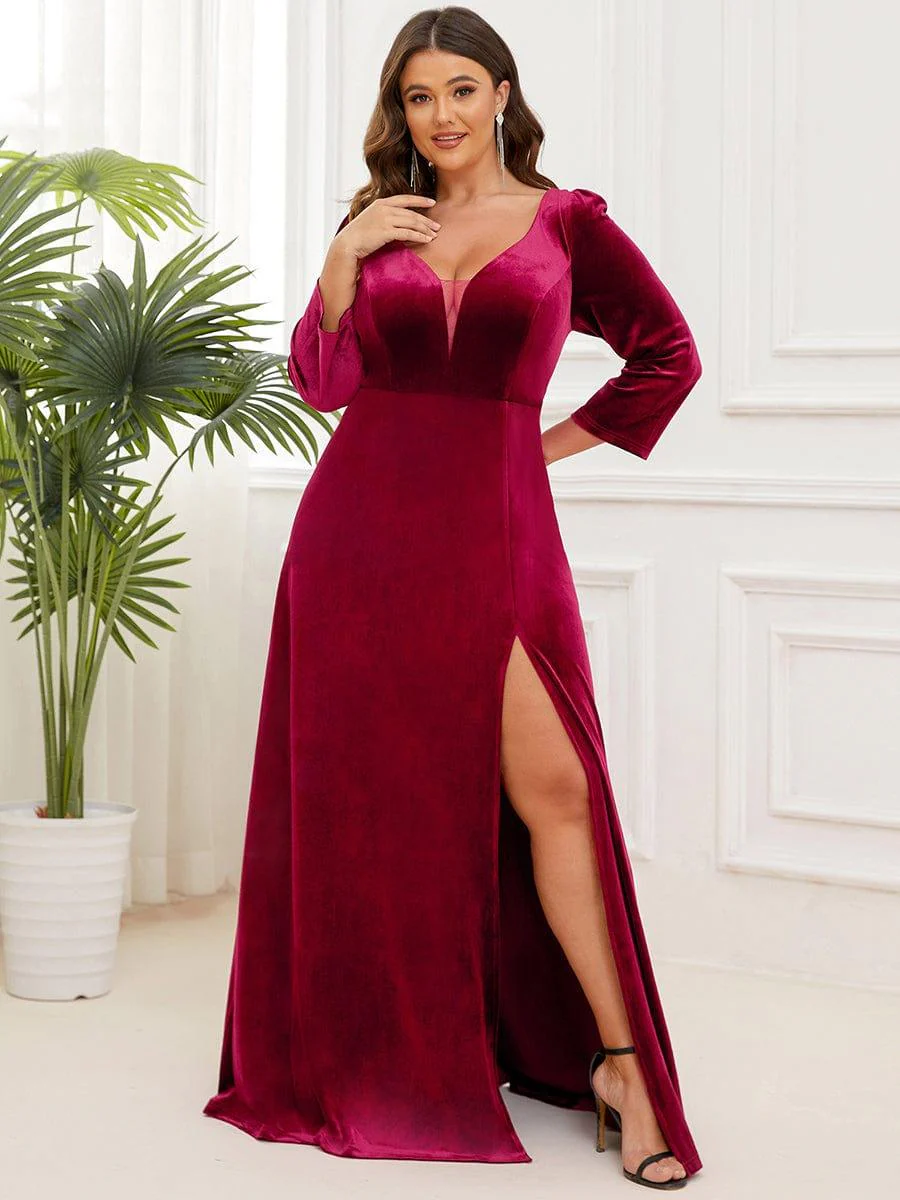 Velvet Plunging V-Neck Front Slit 3/4 Sleeve A-Line Evening Dress(Final Sale) - Image 6