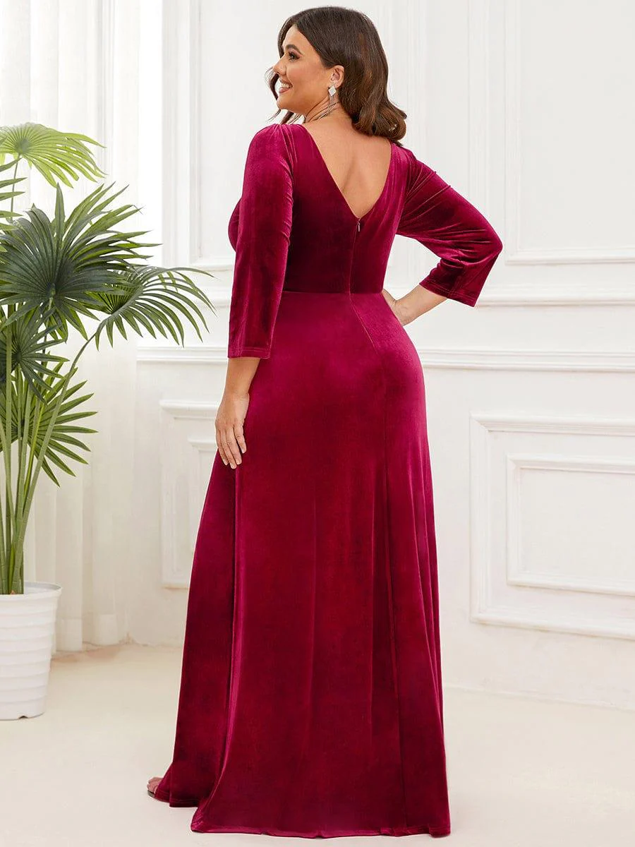 Velvet Plunging V-Neck Front Slit 3/4 Sleeve A-Line Evening Dress(Final Sale) - Image 7