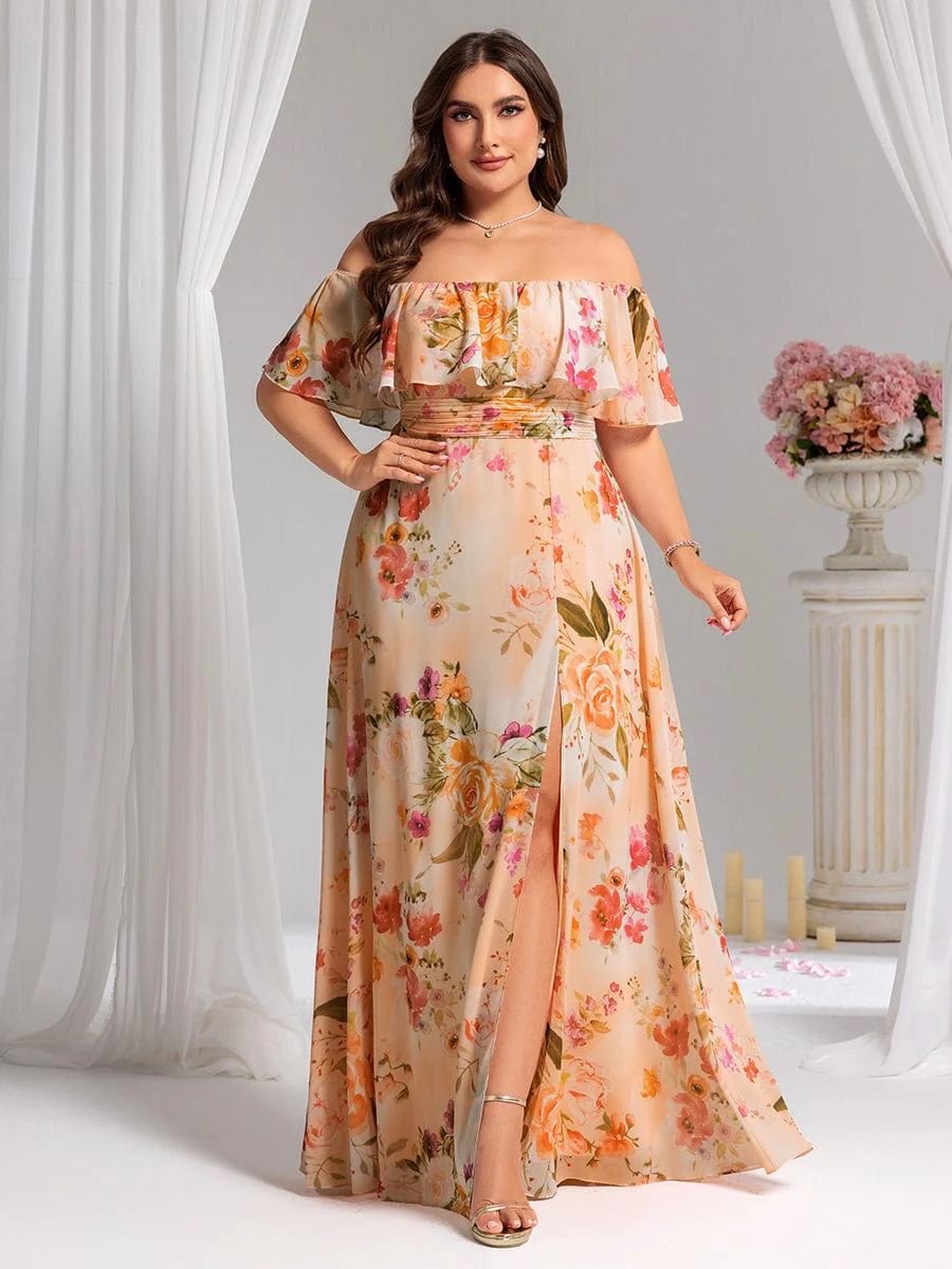 pretty ÉMILE|Plus Size Off-The-Shoulder Ruffle Thigh Split Bridesmaid Dress - Image 123