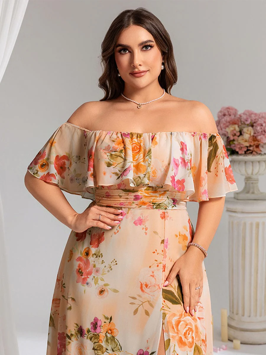 pretty ÉMILE|Plus Size Off-The-Shoulder Ruffle Thigh Split Bridesmaid Dress - Image 121