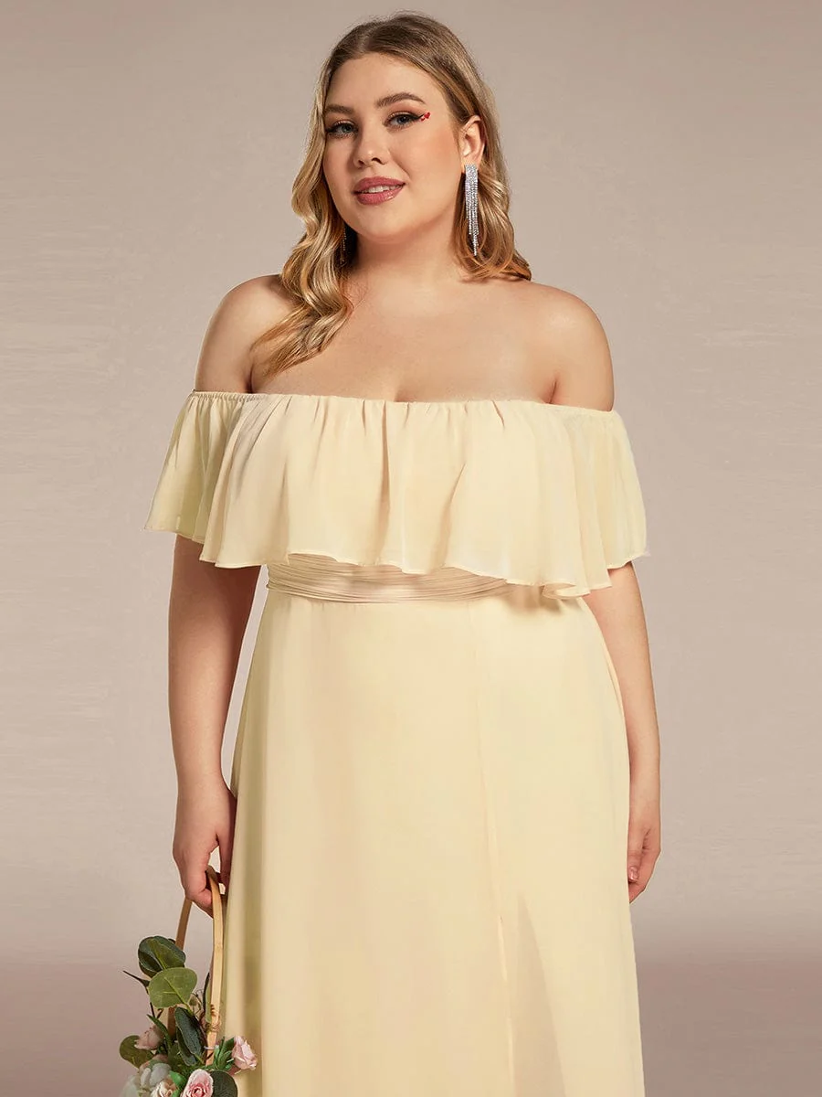 pretty ÉMILE|Plus Size Off-The-Shoulder Ruffle Thigh Split Bridesmaid Dress - Image 126