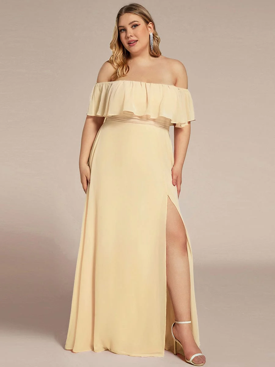 pretty ÉMILE|Plus Size Off-The-Shoulder Ruffle Thigh Split Bridesmaid Dress - Image 127