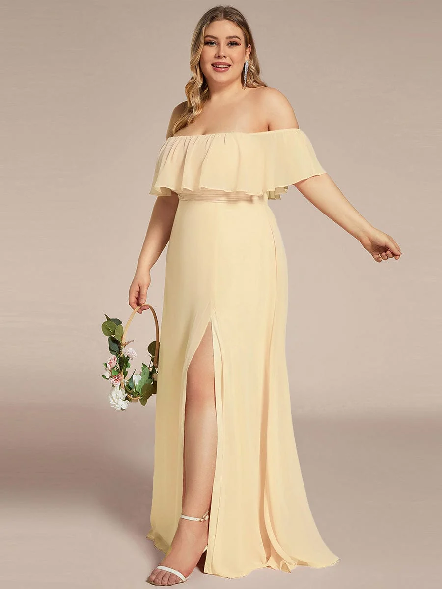 pretty ÉMILE|Plus Size Off-The-Shoulder Ruffle Thigh Split Bridesmaid Dress - Image 124