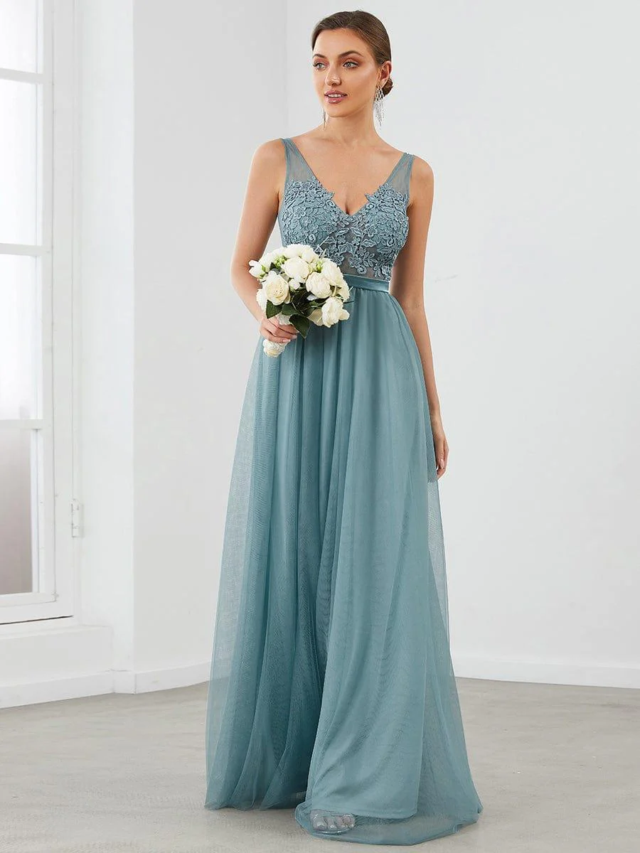 Women's A-Line V-Neck Floral Lace Appliques Bridesmaid Dress(Final Sale) - Image 13