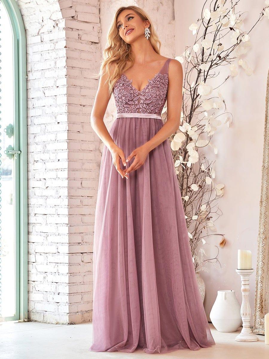 Women's A-Line V-Neck Floral Lace Appliques Bridesmaid Dress(Final Sale) - Image 3