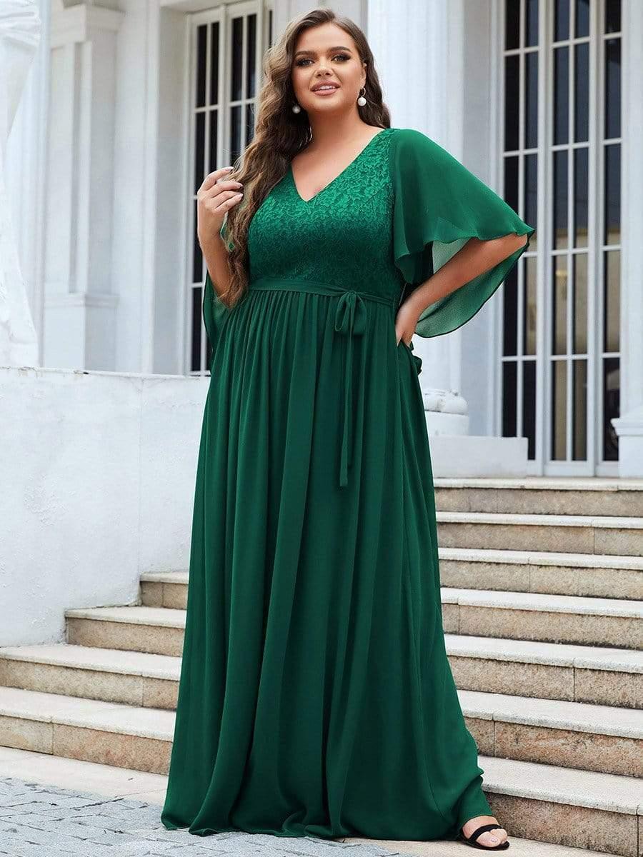 Women's Floor Length Deep V Neck Plus Size Evening Dress with Lace - Image 10