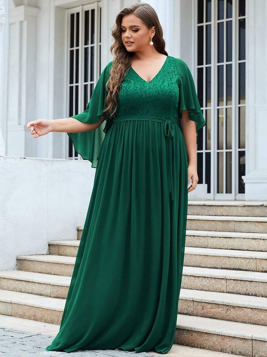 Women's Floor Length Deep V Neck Plus Size Evening Dress with Lace - Image 12