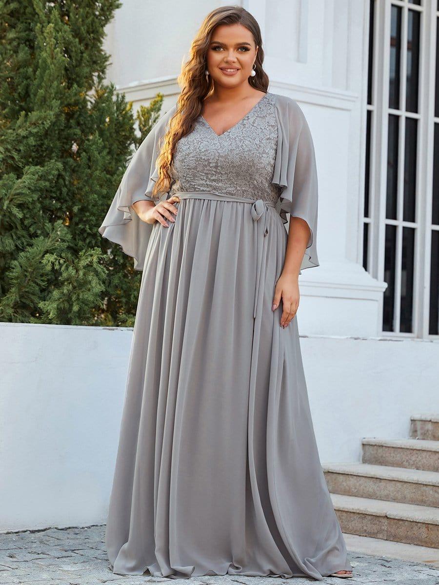 Women's Floor Length Deep V Neck Plus Size Evening Dress with Lace - Image 15