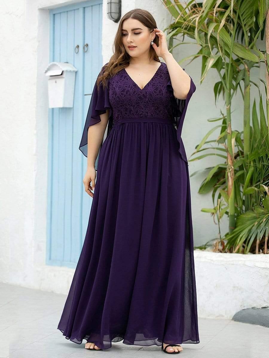 Women's Floor Length Deep V Neck Plus Size Evening Dress with Lace - Image 3