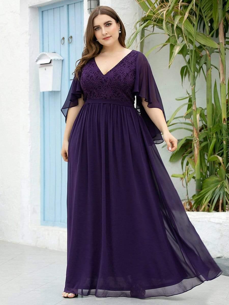 Women's Floor Length Deep V Neck Plus Size Evening Dress with Lace - Image 4