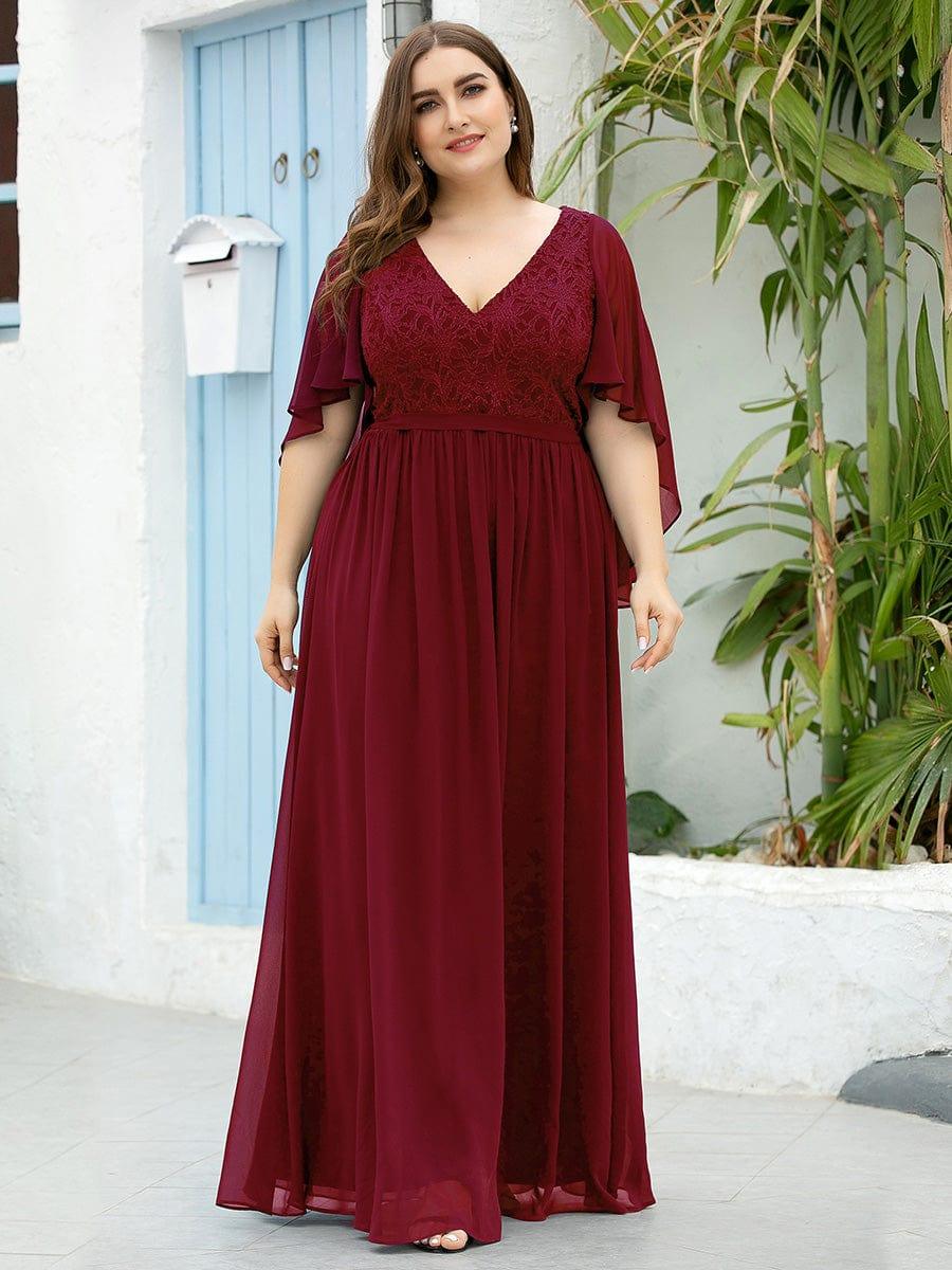 Women's Floor Length Deep V Neck Plus Size Evening Dress with Lace - Image 6