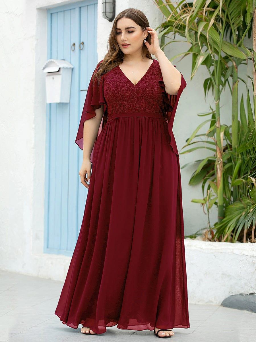 Women's Floor Length Deep V Neck Plus Size Evening Dress with Lace - Image 8