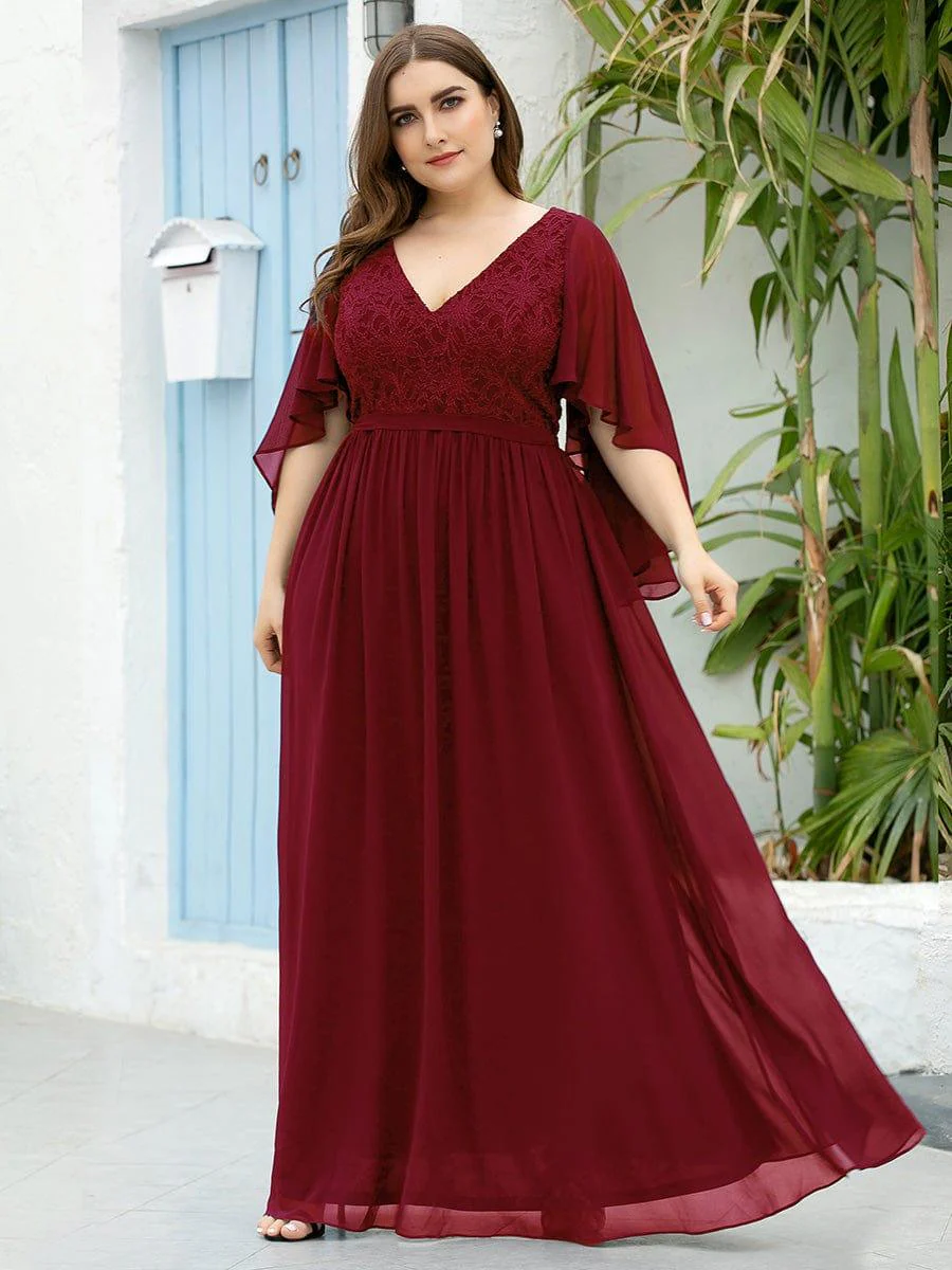Women's Floor Length Deep V Neck Plus Size Evening Dress with Lace - Image 9