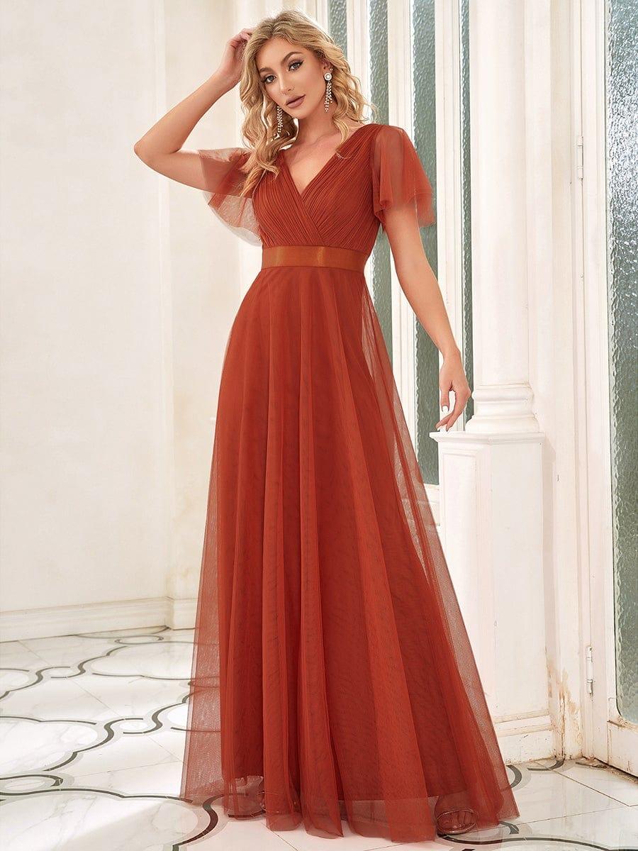 ever MISTE|Women's Double V-Neck Floor-Length Bridesmaid Dress with Short Sleeve - Image 10