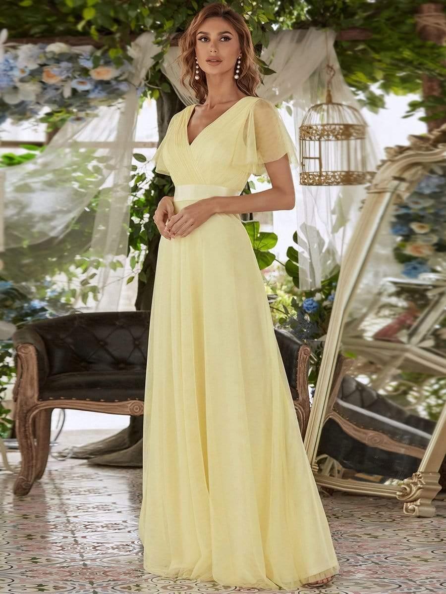 ever MISTE|Women's Double V-Neck Floor-Length Bridesmaid Dress with Short Sleeve - Image 20