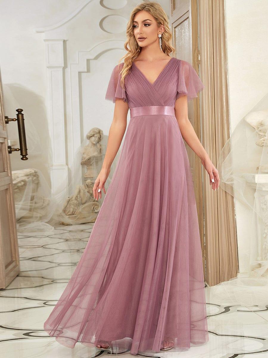 ever MISTE|Women's Double V-Neck Floor-Length Bridesmaid Dress with Short Sleeve - Image 25