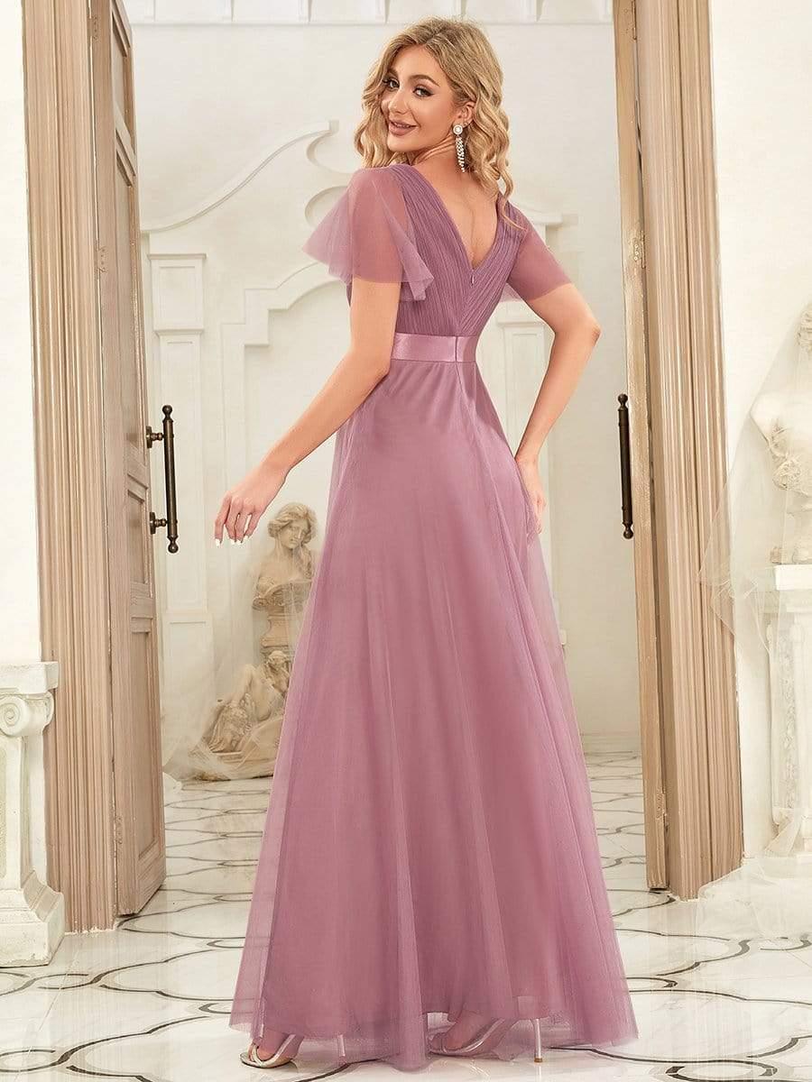 ever MISTE|Women's Double V-Neck Floor-Length Bridesmaid Dress with Short Sleeve - Image 26
