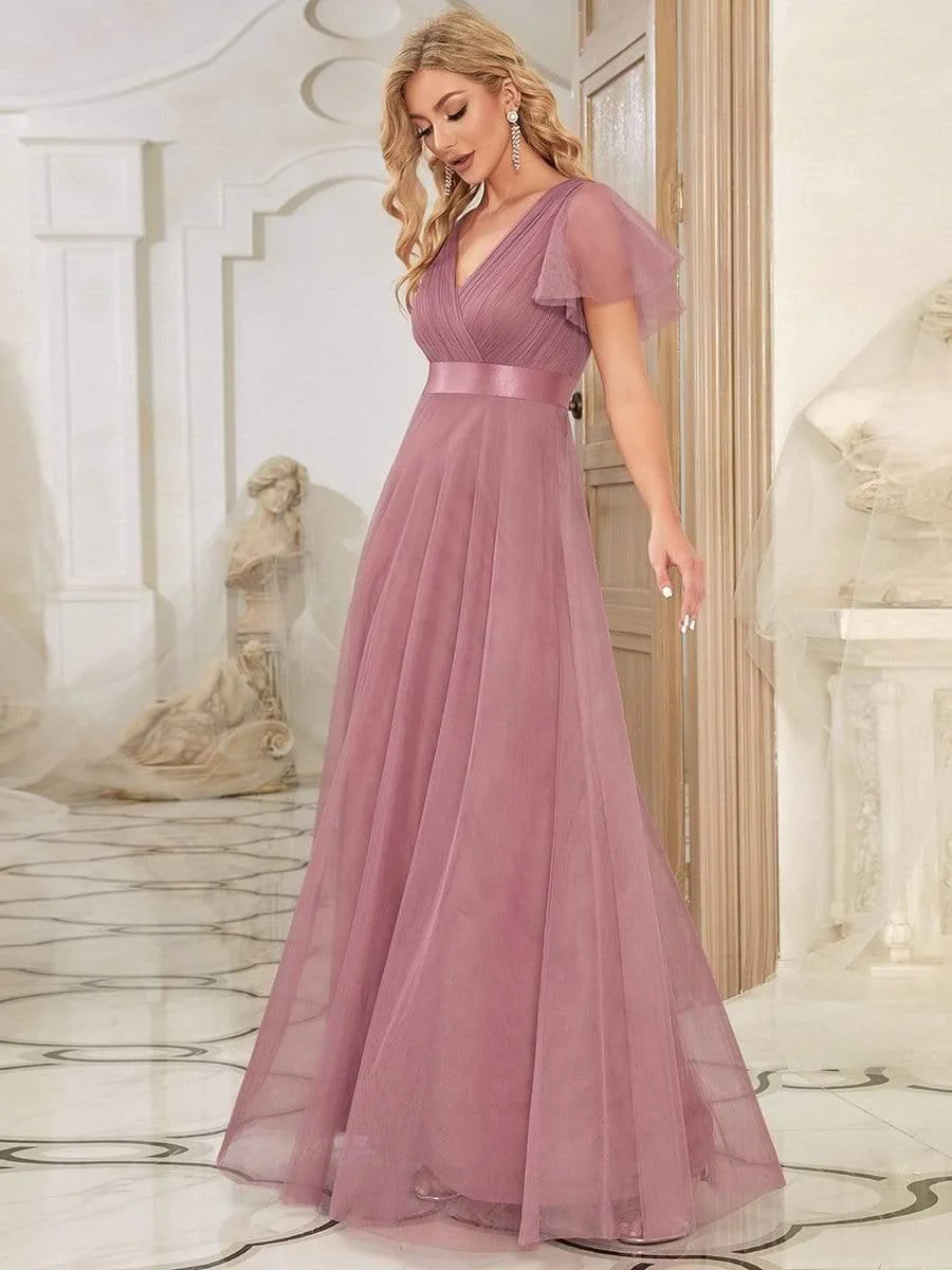 ever MISTE|Women's Double V-Neck Floor-Length Bridesmaid Dress with Short Sleeve - Image 27