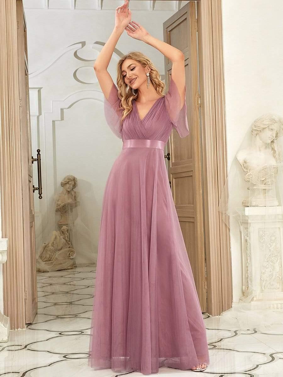 ever MISTE|Women's Double V-Neck Floor-Length Bridesmaid Dress with Short Sleeve - Image 29