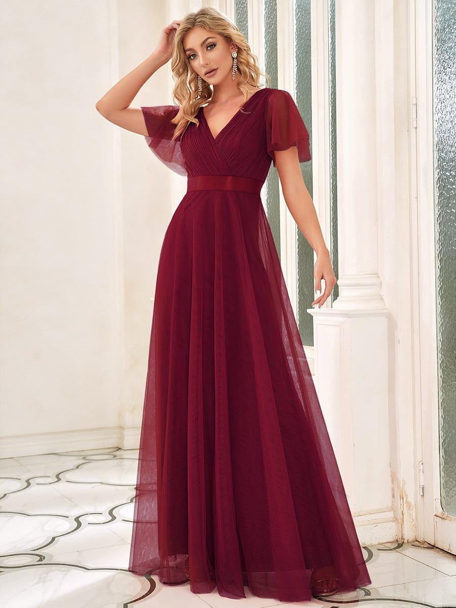 ever MISTE|Women's Double V-Neck Floor-Length Bridesmaid Dress with Short Sleeve - Image 35