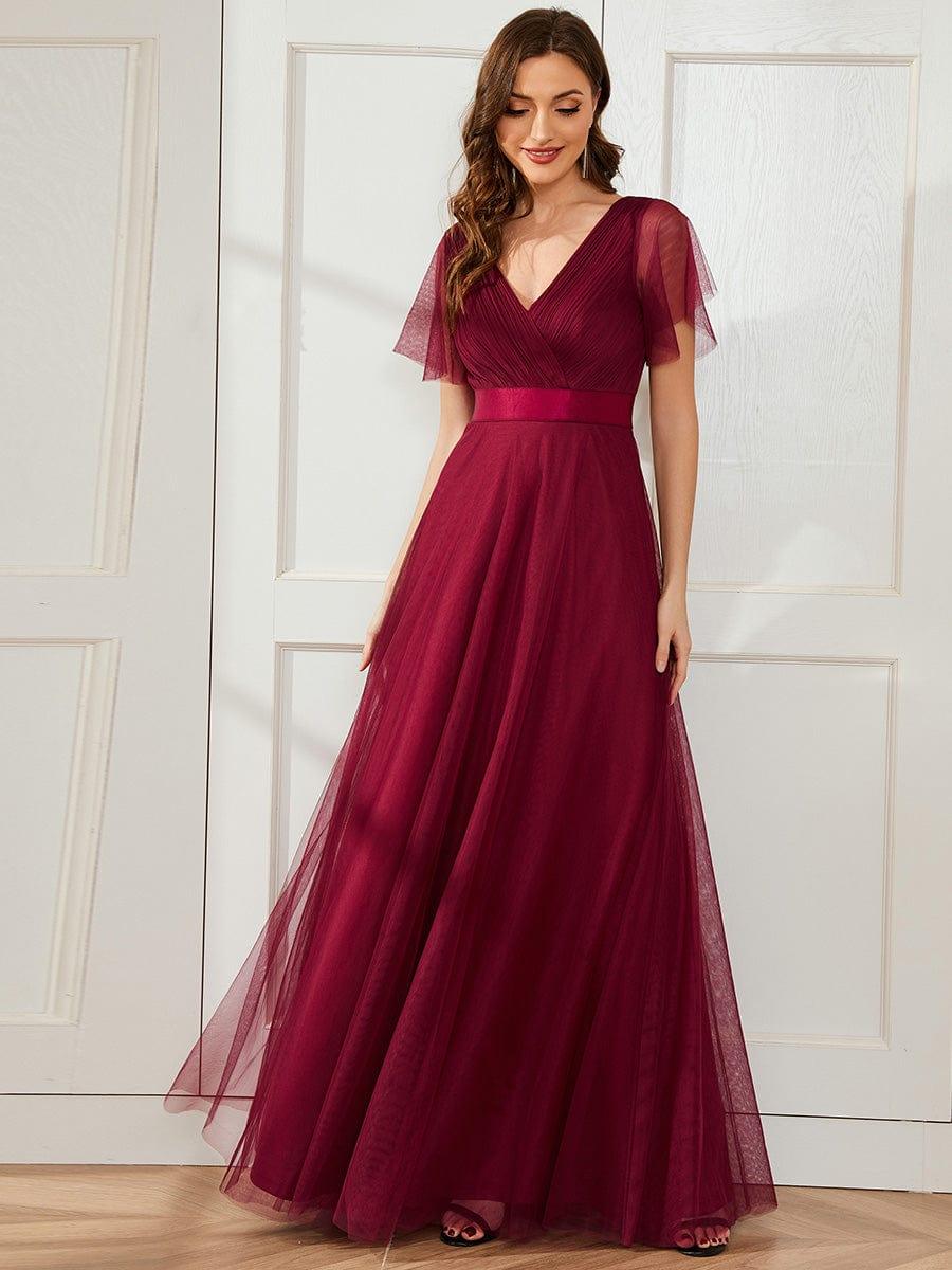 ever MISTE|Women's Double V-Neck Floor-Length Bridesmaid Dress with Short Sleeve - Image 36