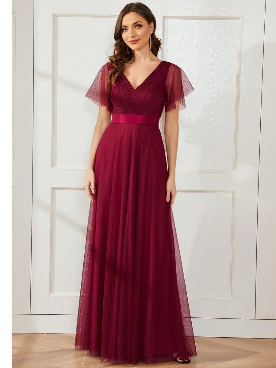 ever MISTE|Women's Double V-Neck Floor-Length Bridesmaid Dress with Short Sleeve - Image 37