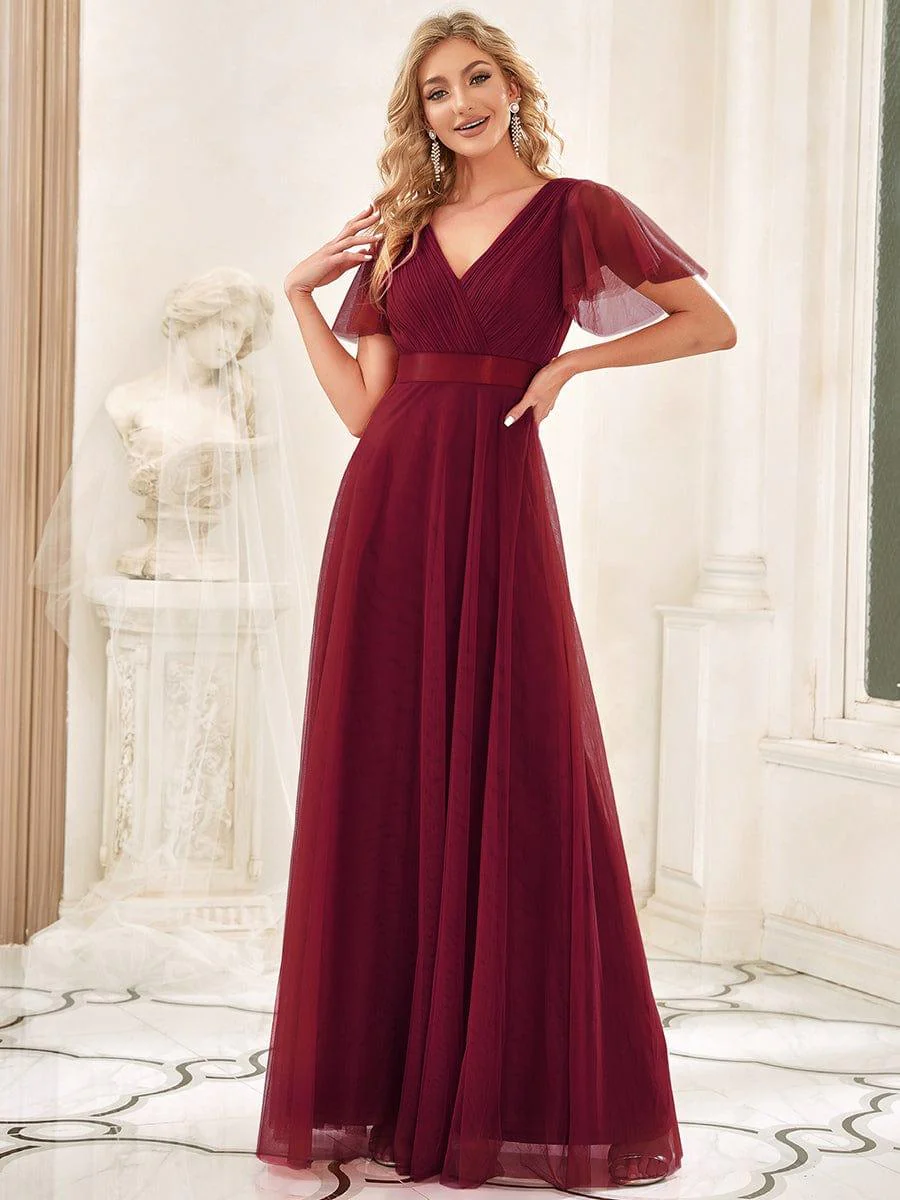 ever MISTE|Women's Double V-Neck Floor-Length Bridesmaid Dress with Short Sleeve - Image 38
