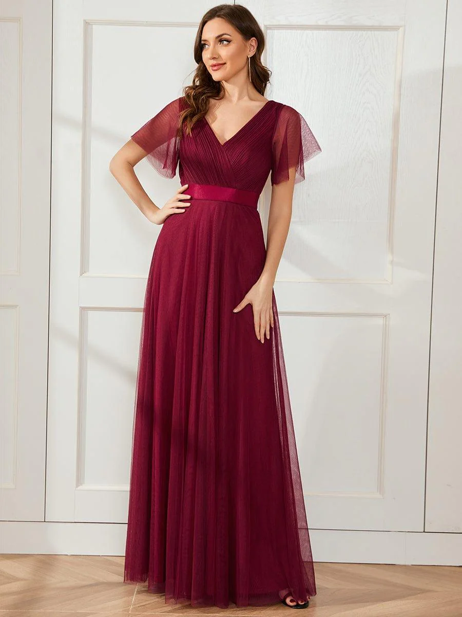 ever MISTE|Women's Double V-Neck Floor-Length Bridesmaid Dress with Short Sleeve - Image 39