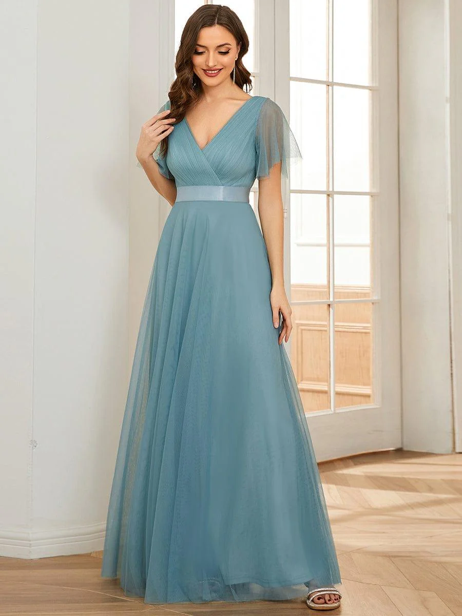 ever MISTE|Women's Double V-Neck Floor-Length Bridesmaid Dress with Short Sleeve - Image 40
